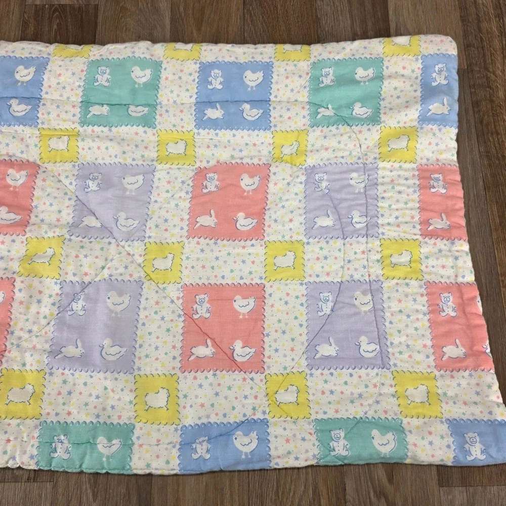 Vintage Pastel Baby Blanket Patchwork Bunny Bear Lamb Duck Nursery 33x40